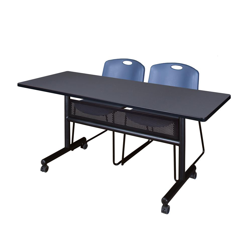 60" x 24" Flip Top Mobile Training Table with Modesty Panel- Grey and 2 Zeng Stack Chairs- Blue. Picture 1