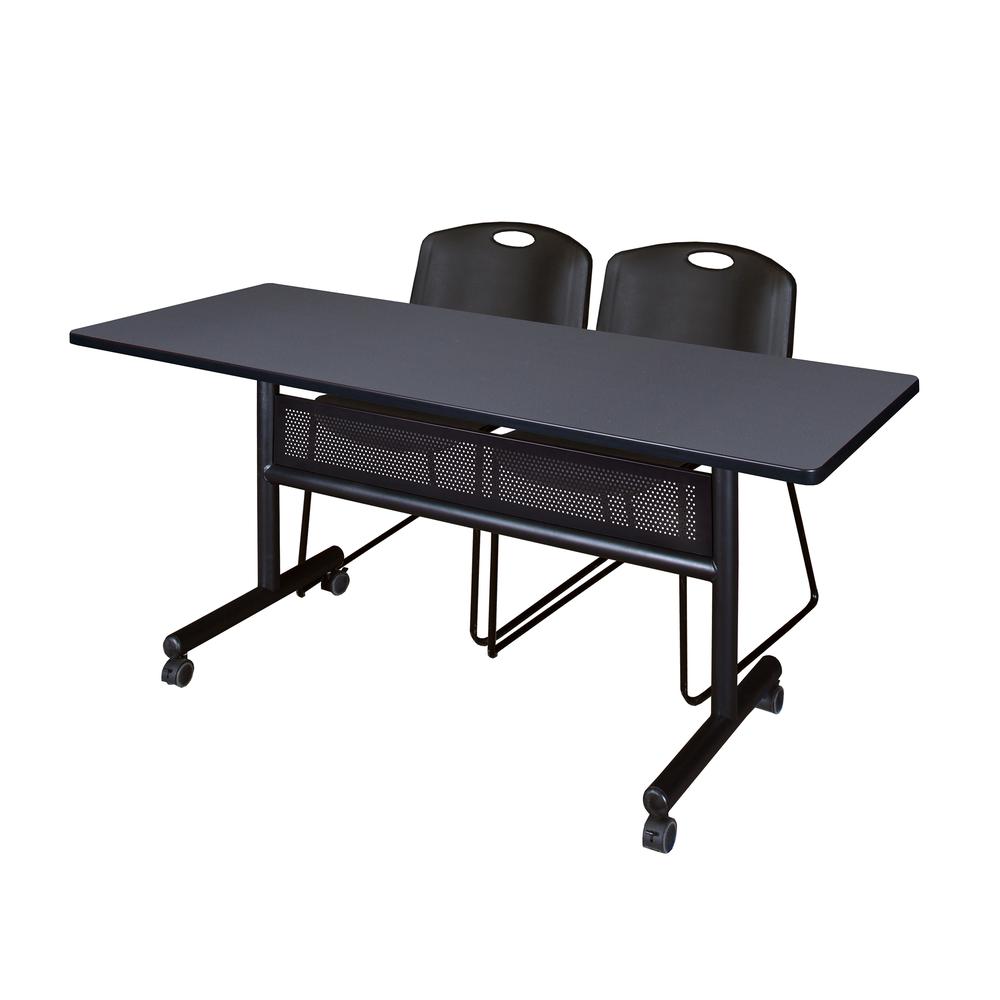 60" x 24" Flip Top Mobile Training Table with Modesty Panel- Grey and 2 Zeng Stack Chairs- Black. Picture 1