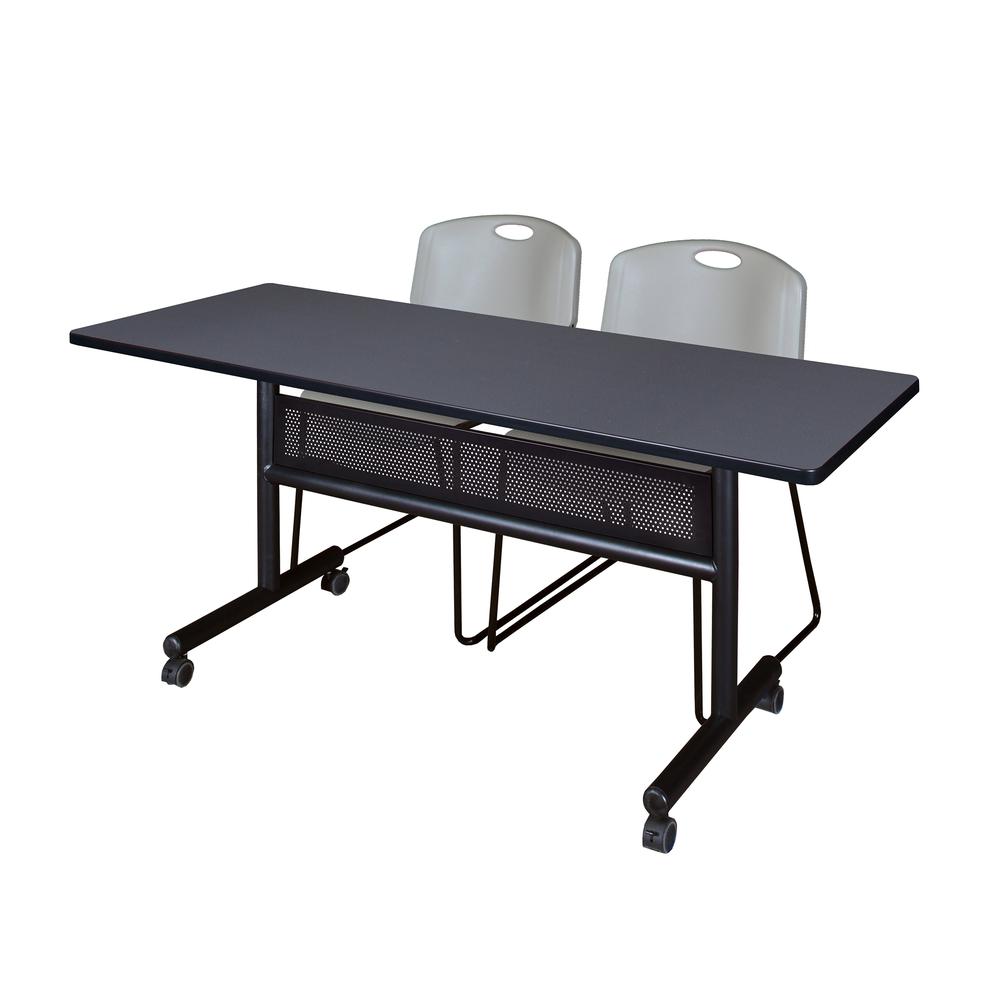 60" x 24" Flip Top Mobile Training Table with Modesty Panel- Grey and 2 Zeng Stack Chairs- Grey. The main picture.