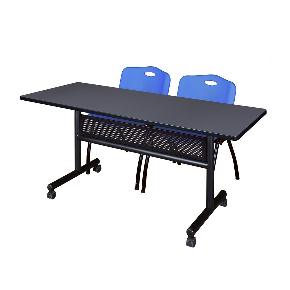 60" x 24" Flip Top Mobile Training Table with Modesty Panel- Grey and 2 "M" Stack Chairs- Blue. Picture 1