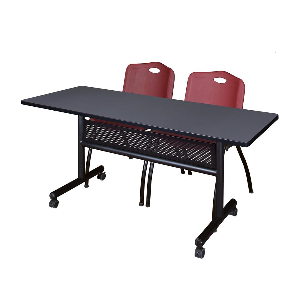 60" x 24" Flip Top Mobile Training Table with Modesty Panel- Grey and 2 "M" Stack Chairs- Burgundy. Picture 1