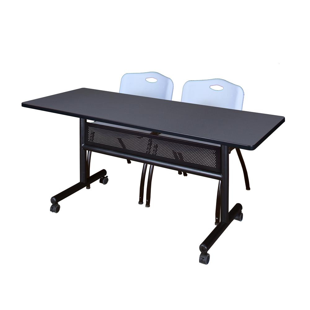 60" x 24" Flip Top Mobile Training Table with Modesty Panel- Grey and 2 "M" Stack Chairs- Grey. Picture 1