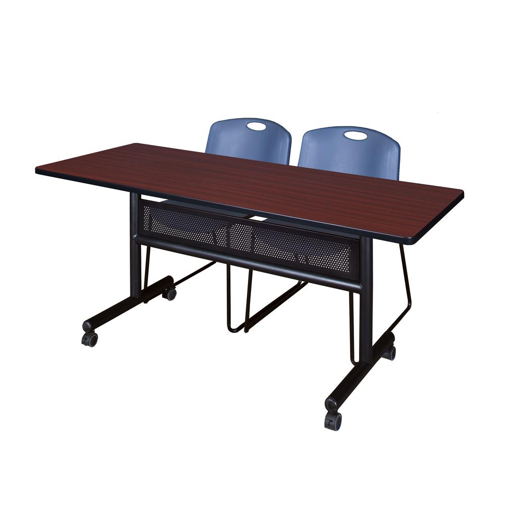 60" x 24" Flip Top Mobile Training Table with Modesty Panel- Mahogany and 2 Zeng Stack Chairs- Blue. Picture 1