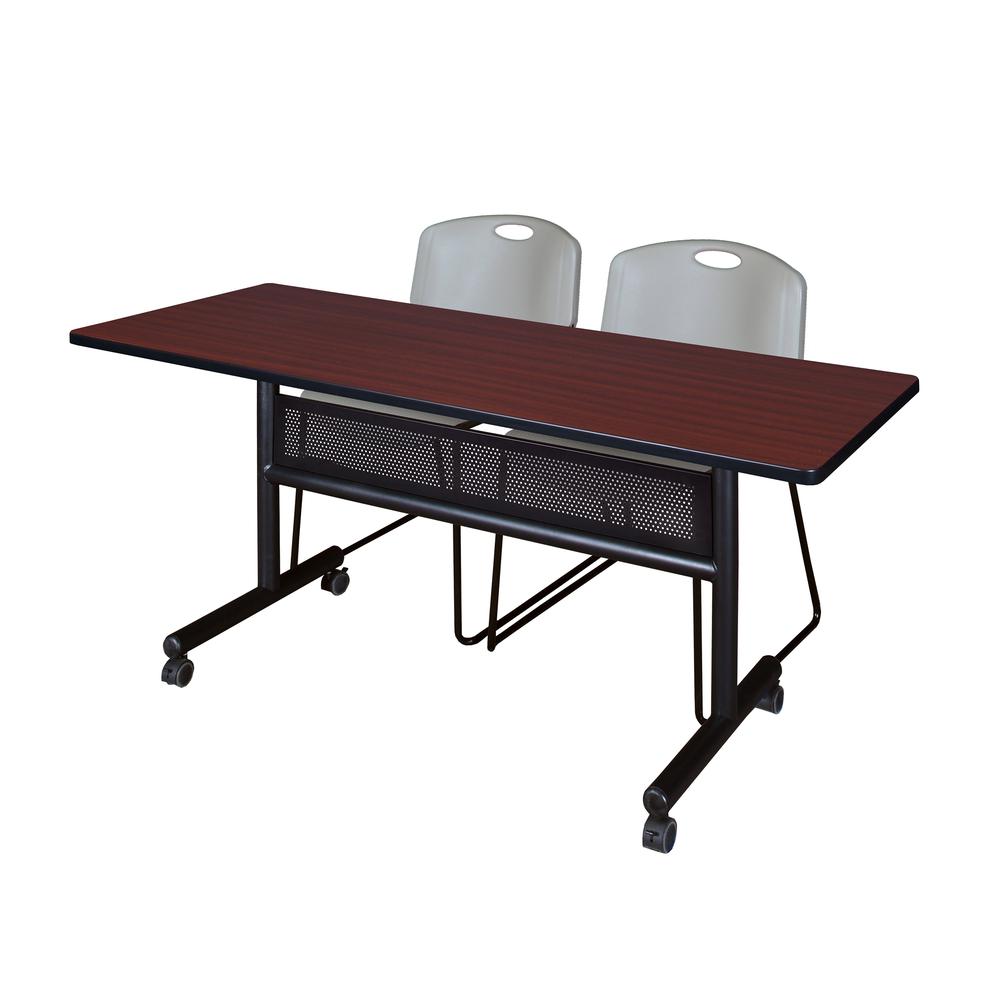 60" x 24" Flip Top Mobile Training Table with Modesty Panel- Mahogany and 2 Zeng Stack Chairs- Grey. Picture 1
