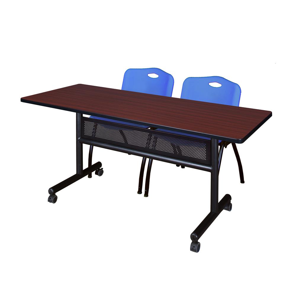 60" x 24" Flip Top Mobile Training Table with Modesty Panel- Mahogany and 2 "M" Stack Chairs- Blue. The main picture.
