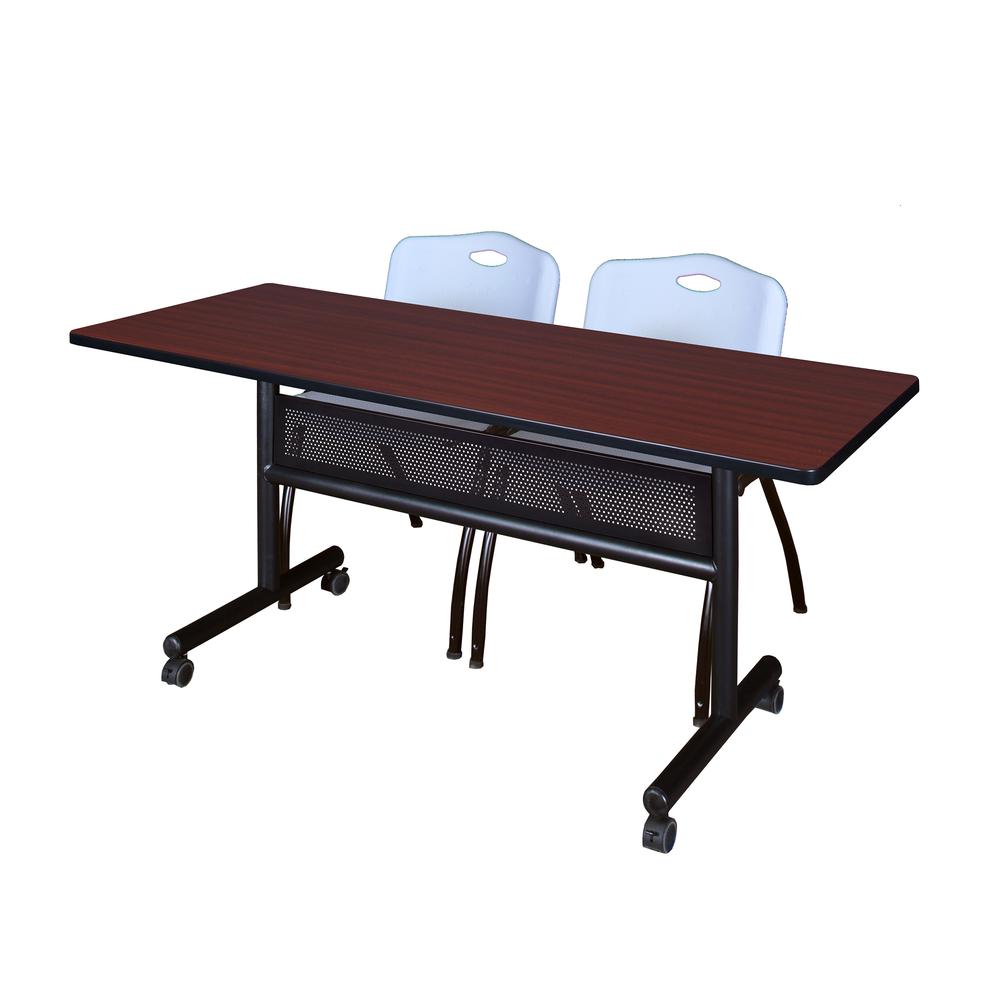 60" x 24" Flip Top Mobile Training Table with Modesty Panel- Mahogany and 2 "M" Stack Chairs- Grey. Picture 1