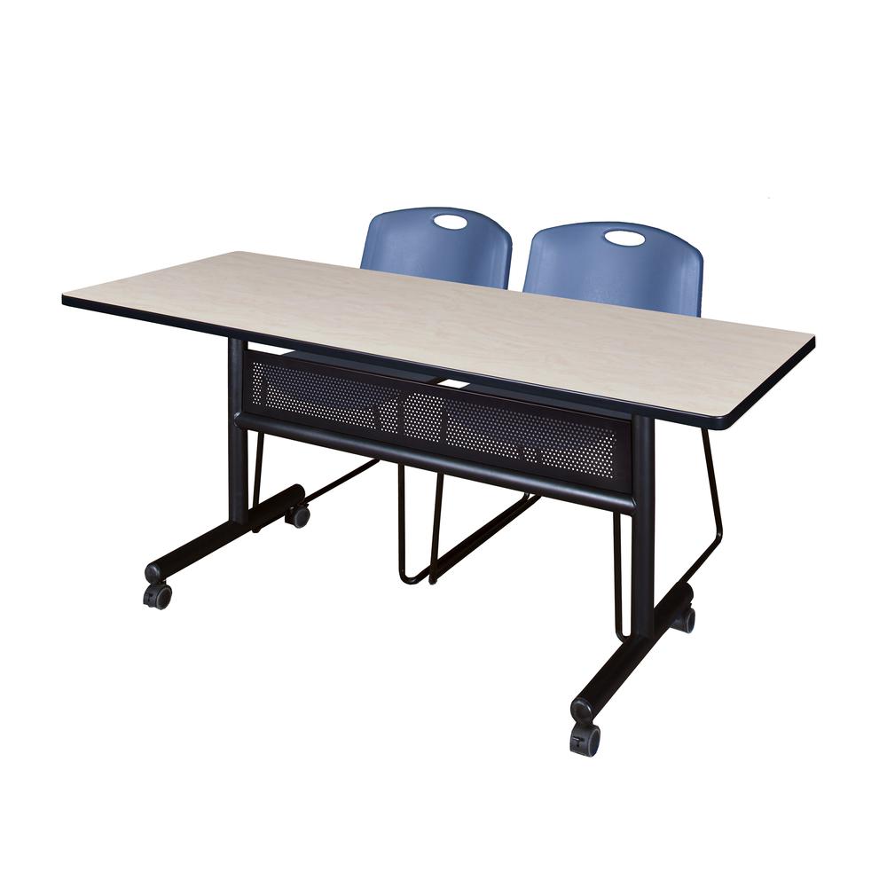 60" x 24" Flip Top Mobile Training Table with Modesty Panel- Maple and 2 Zeng Stack Chairs- Blue. Picture 1