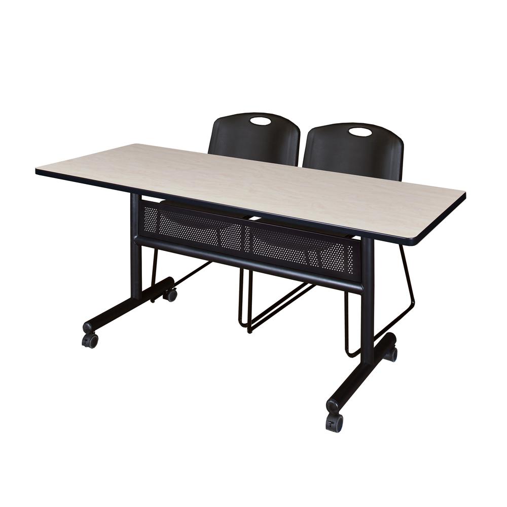 60" x 24" Flip Top Mobile Training Table with Modesty Panel- Maple and 2 Zeng Stack Chairs- Black. Picture 1
