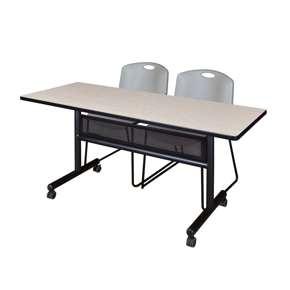 60" x 24" Flip Top Mobile Training Table with Modesty Panel- Maple and 2 Zeng Stack Chairs- Grey. Picture 1