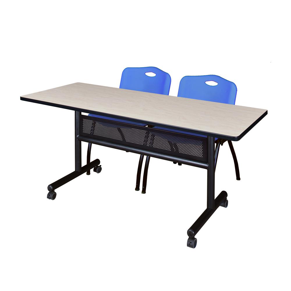 60" x 24" Flip Top Mobile Training Table with Modesty Panel- Maple and 2 "M" Stack Chairs- Blue. Picture 1