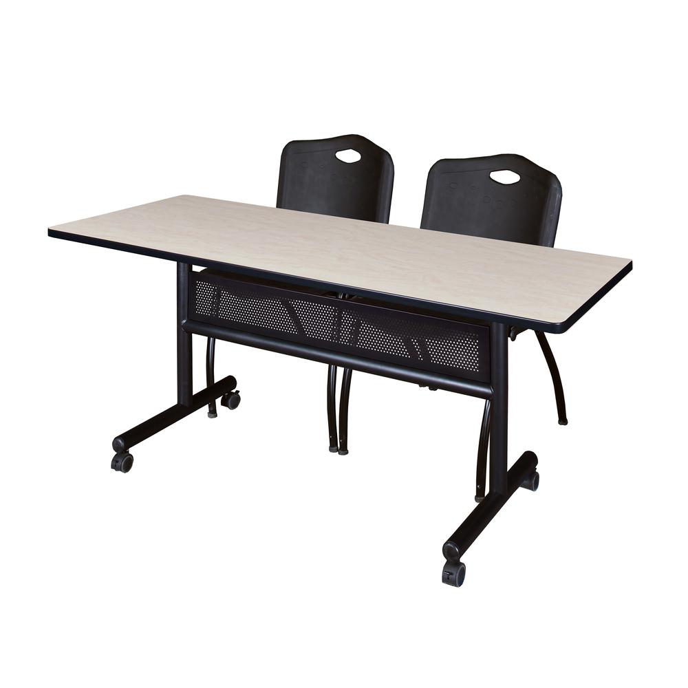 60" x 24" Flip Top Mobile Training Table with Modesty Panel- Maple and 2 "M" Stack Chairs- Black. Picture 1