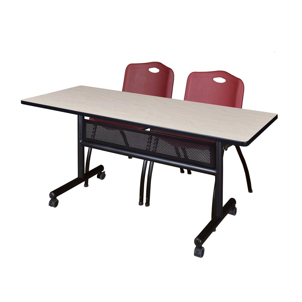 60" x 24" Flip Top Mobile Training Table with Modesty Panel- Maple and 2 "M" Stack Chairs- Burgundy. Picture 1