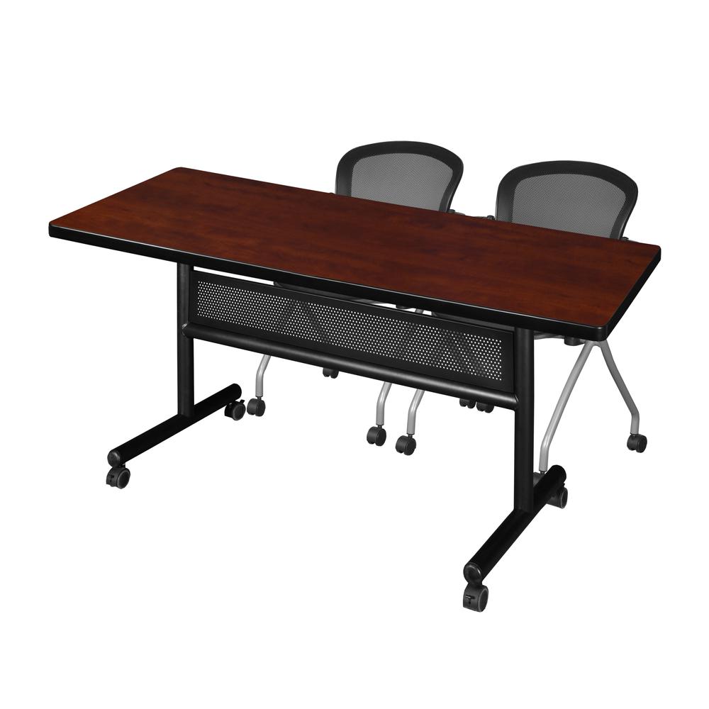 60" x 30" Flip Top Mobile Training Table with Modesty Panel- Cherry and 2 Cadence Nesting Chairs. Picture 1