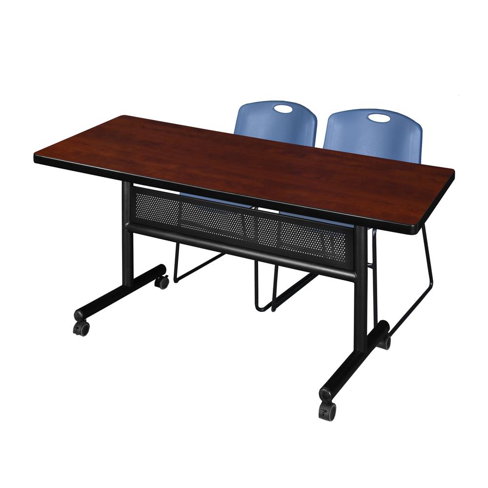 60" x 30" Flip Top Mobile Training Table with Modesty Panel- Cherry and 2 Zeng Stack Chairs- Blue. Picture 1