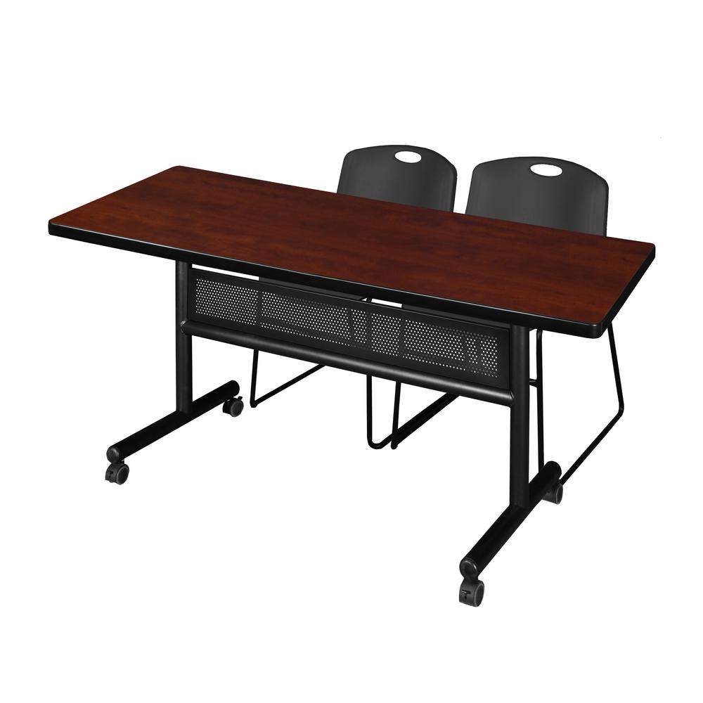 60" x 30" Flip Top Mobile Training Table with Modesty Panel- Cherry and 2 Zeng Stack Chairs- Black. Picture 1