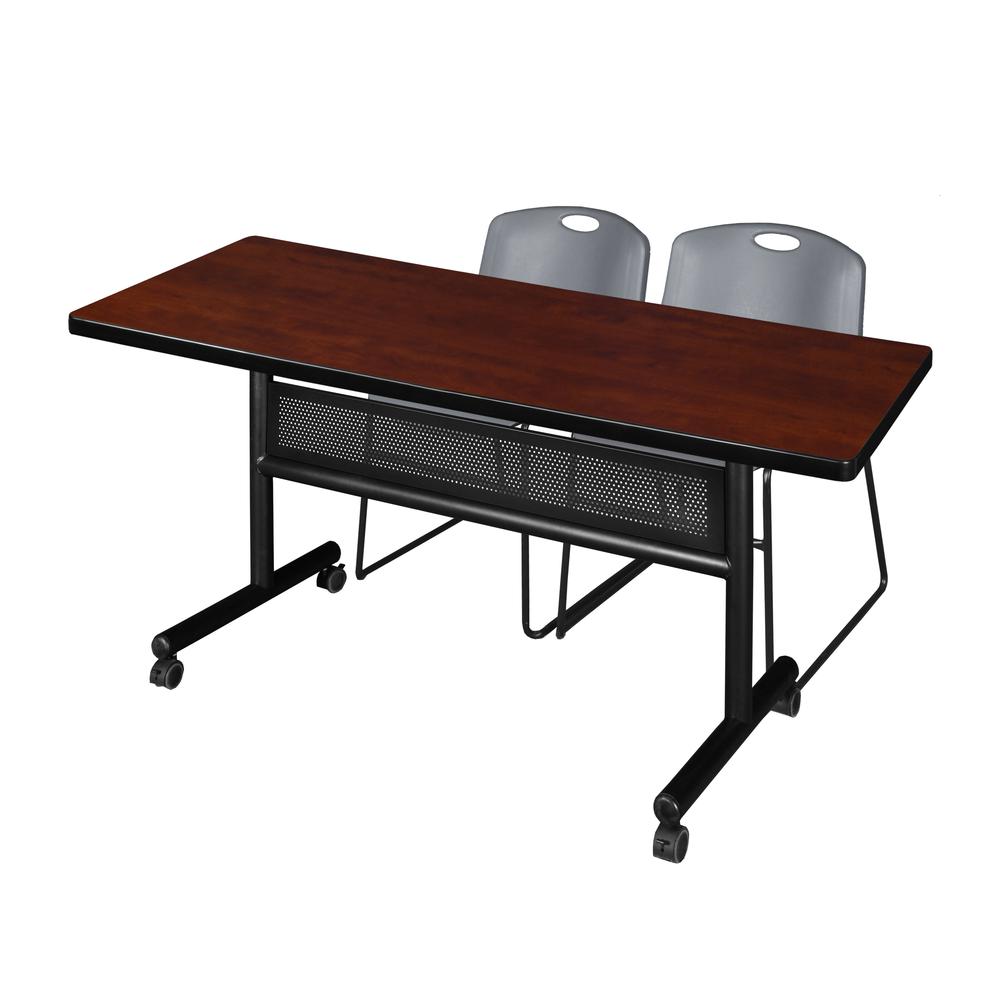 60" x 30" Flip Top Mobile Training Table with Modesty Panel- Cherry and 2 Zeng Stack Chairs- Grey. Picture 1