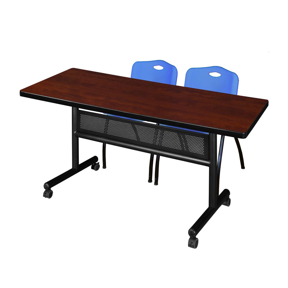 60" x 30" Flip Top Mobile Training Table with Modesty Panel- Cherry and 2 "M" Stack Chairs- Blue. Picture 1