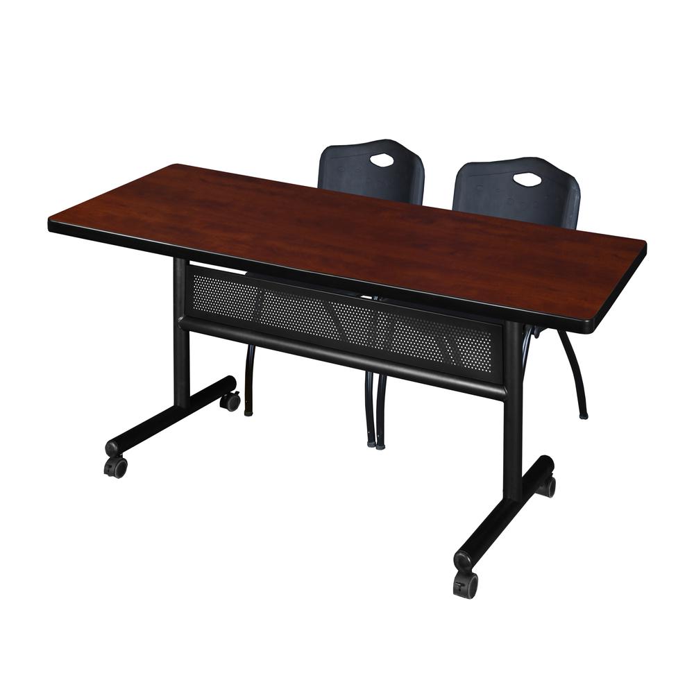 60" x 30" Flip Top Mobile Training Table with Modesty Panel- Cherry and 2 "M" Stack Chairs- Black. Picture 1
