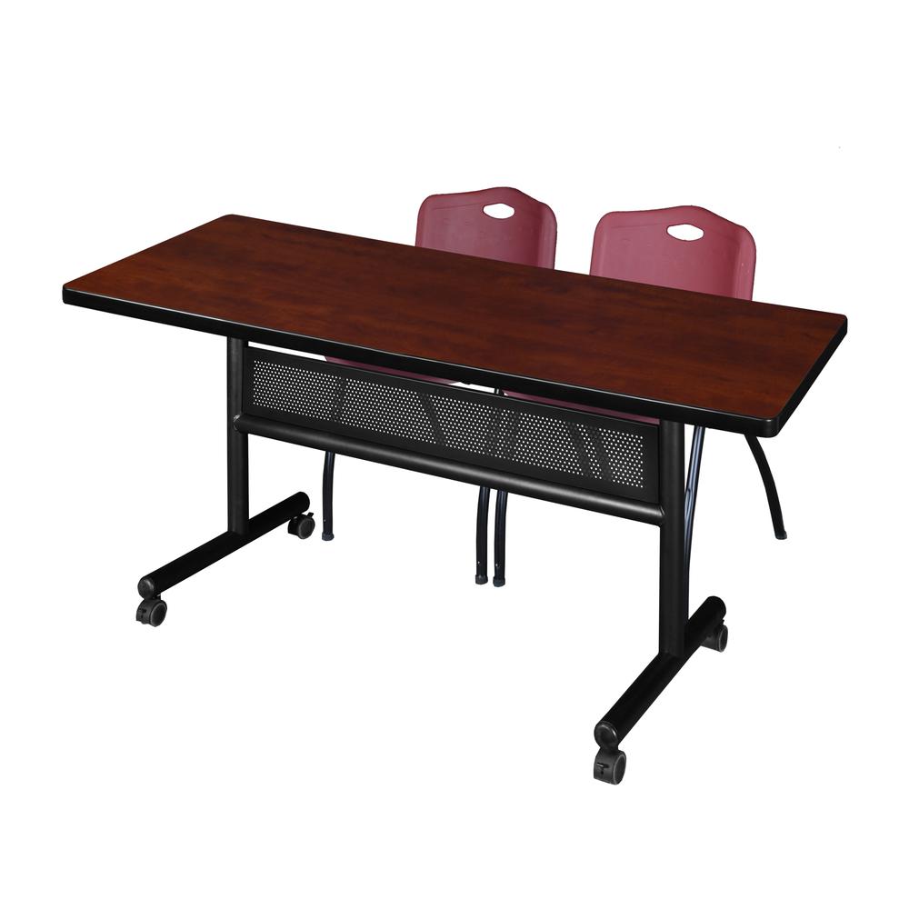 60" x 30" Flip Top Mobile Training Table with Modesty Panel- Cherry and 2 "M" Stack Chairs- Burgundy. Picture 1