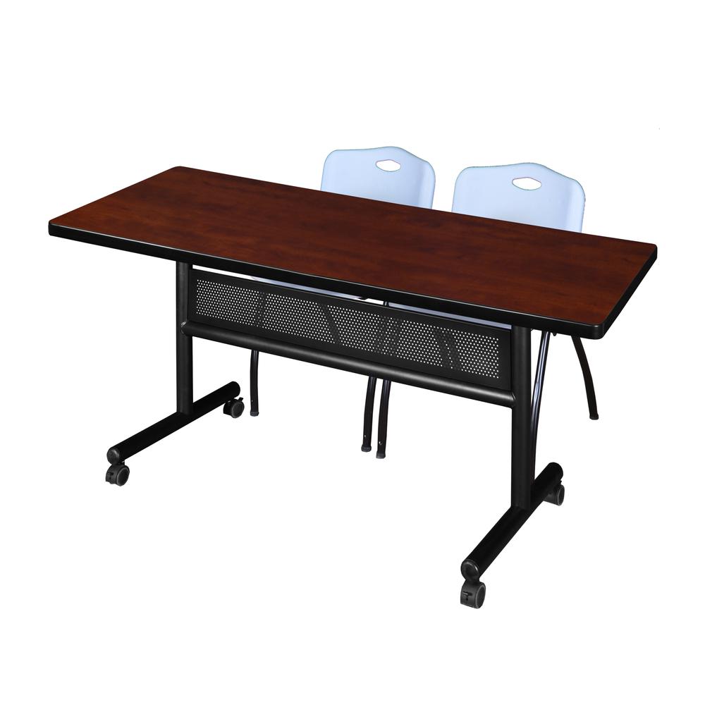 60" x 30" Flip Top Mobile Training Table with Modesty Panel- Cherry and 2 "M" Stack Chairs- Grey. Picture 1