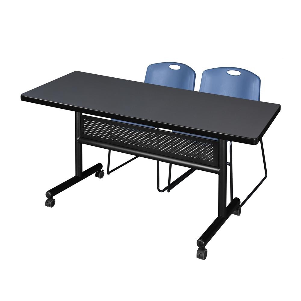 60" x 30" Flip Top Mobile Training Table with Modesty Panel- Grey and 2 Zeng Stack Chairs- Blue. Picture 1