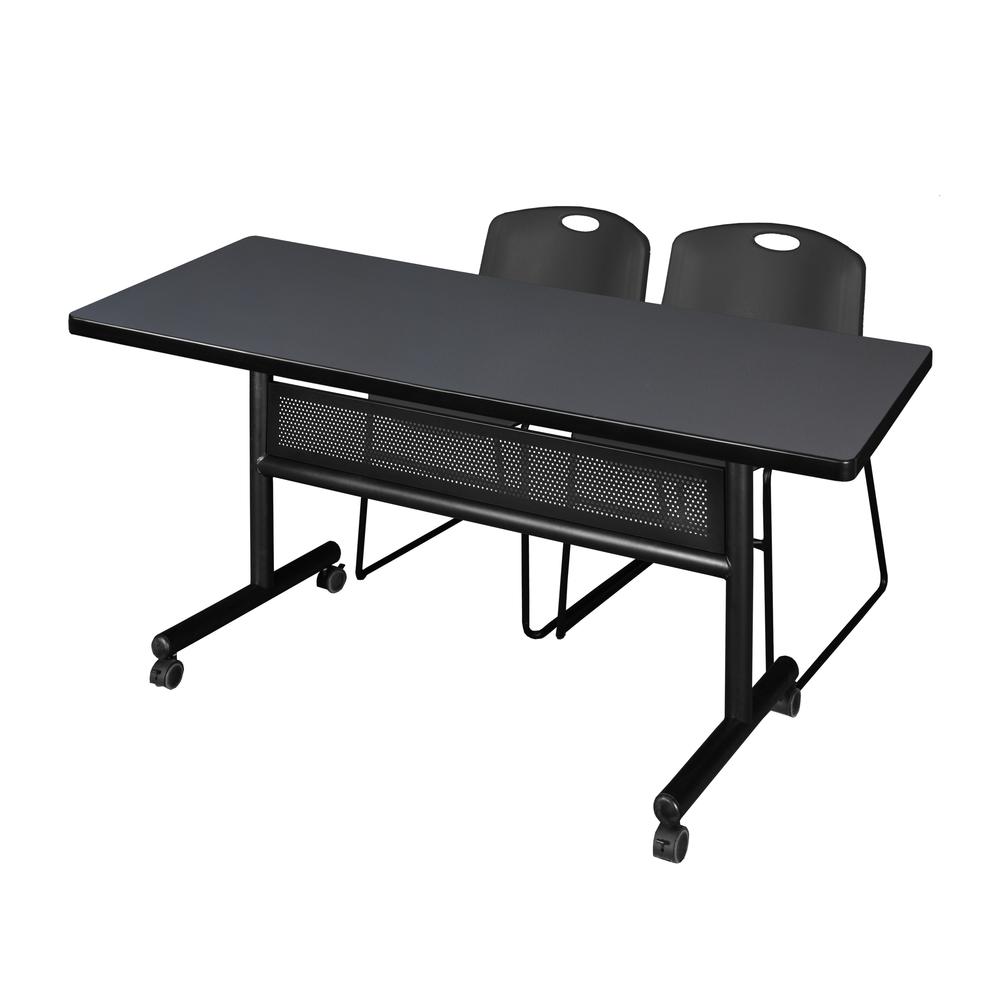 60" x 30" Flip Top Mobile Training Table with Modesty Panel- Grey and 2 Zeng Stack Chairs- Black. Picture 1