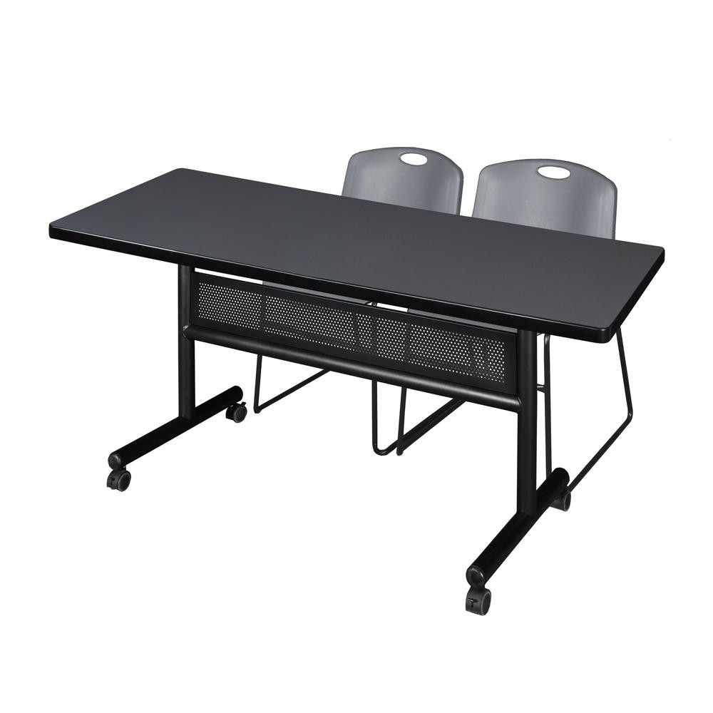 60" x 30" Flip Top Mobile Training Table with Modesty Panel- Grey and 2 Zeng Stack Chairs- Grey. Picture 1