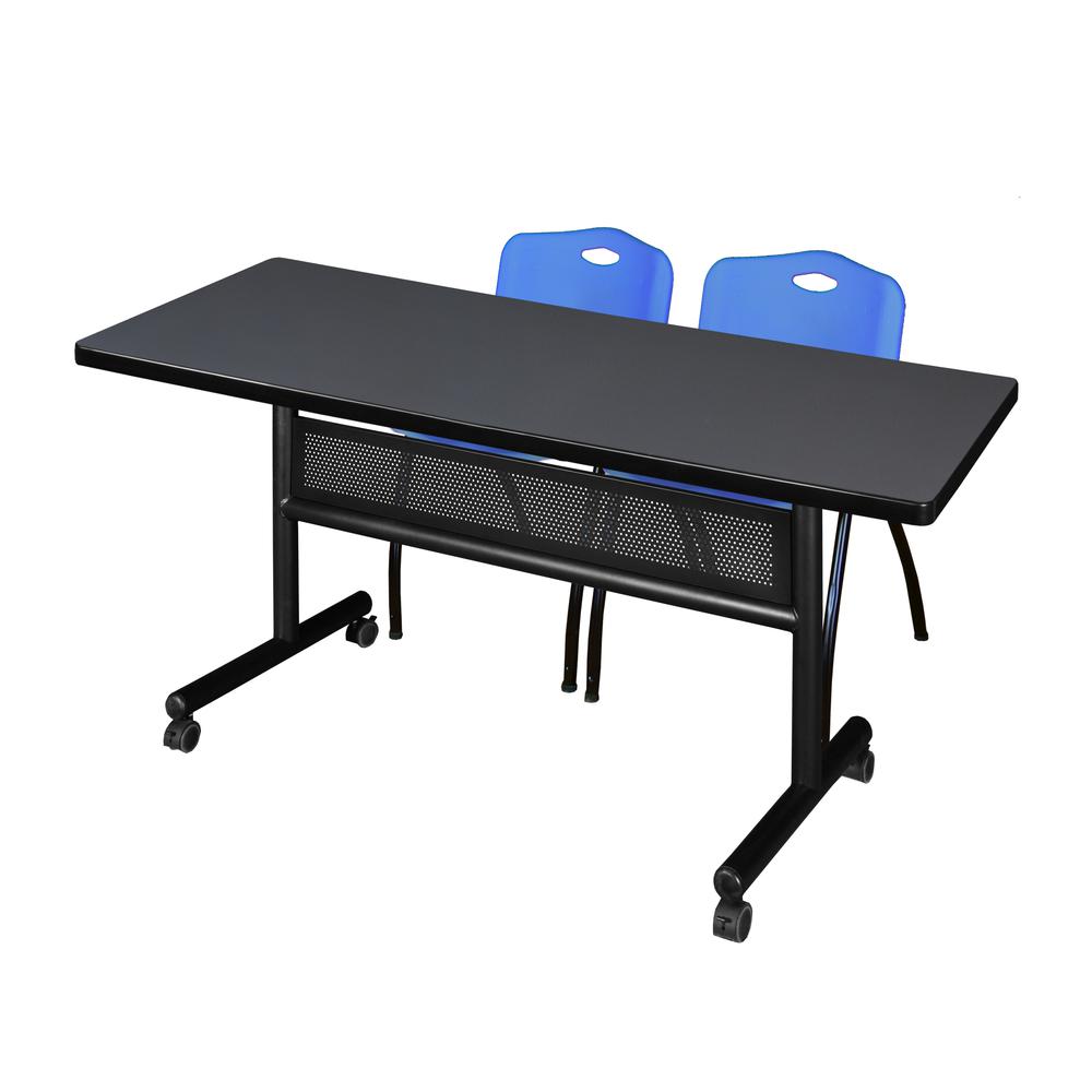60" x 30" Flip Top Mobile Training Table with Modesty Panel- Grey and 2 "M" Stack Chairs- Blue. Picture 1