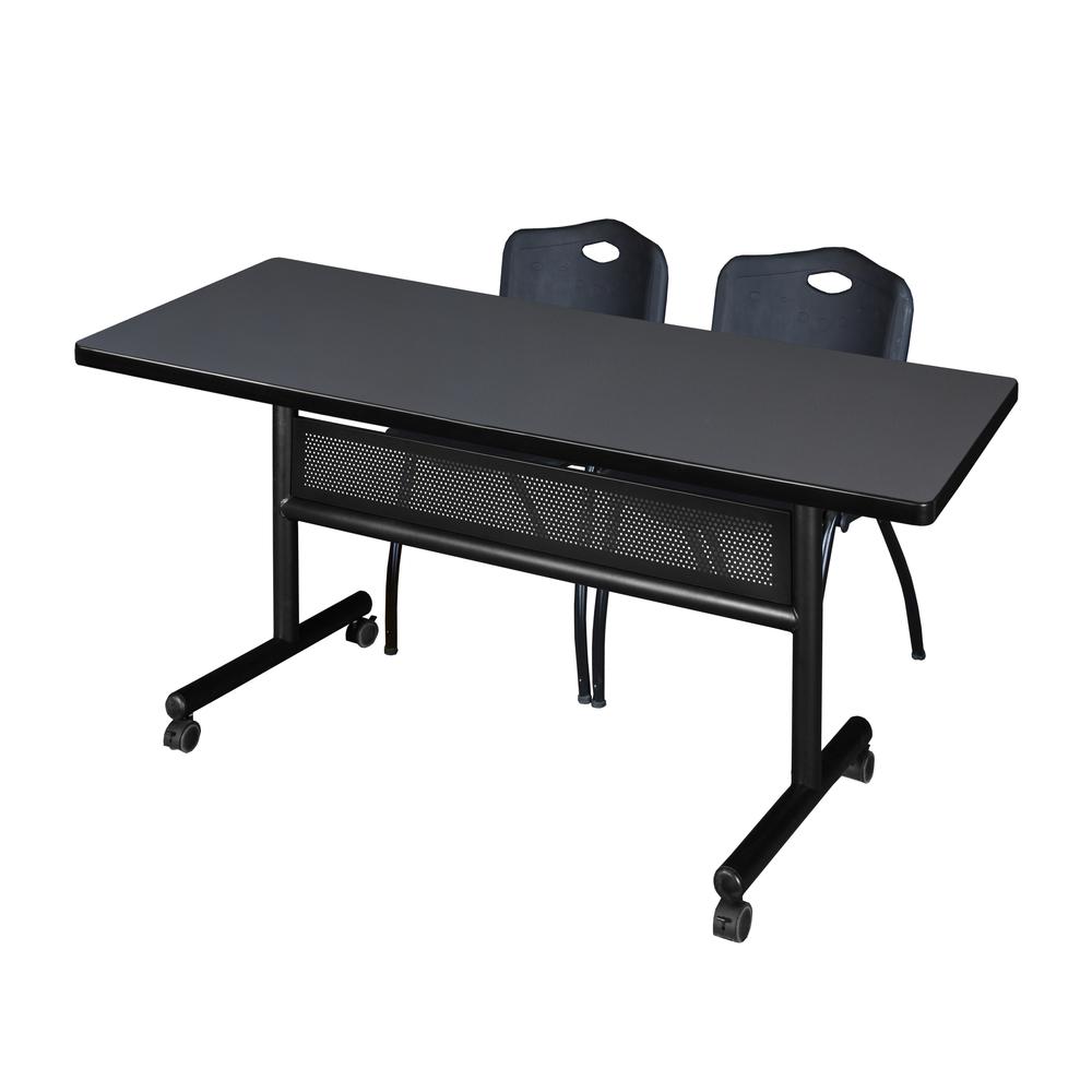 60" x 30" Flip Top Mobile Training Table with Modesty Panel- Grey and 2 "M" Stack Chairs- Black. Picture 1