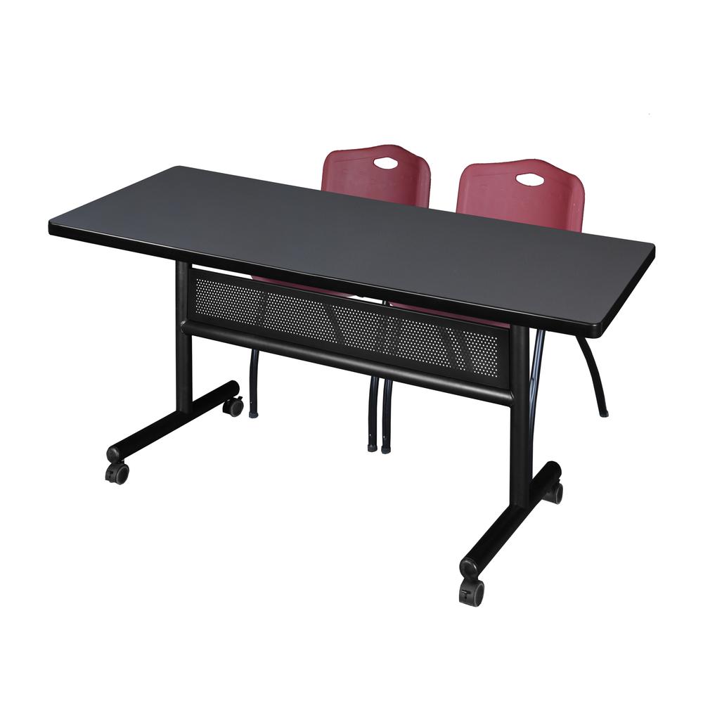 60" x 30" Flip Top Mobile Training Table with Modesty Panel- Grey and 2 "M" Stack Chairs- Burgundy. Picture 1