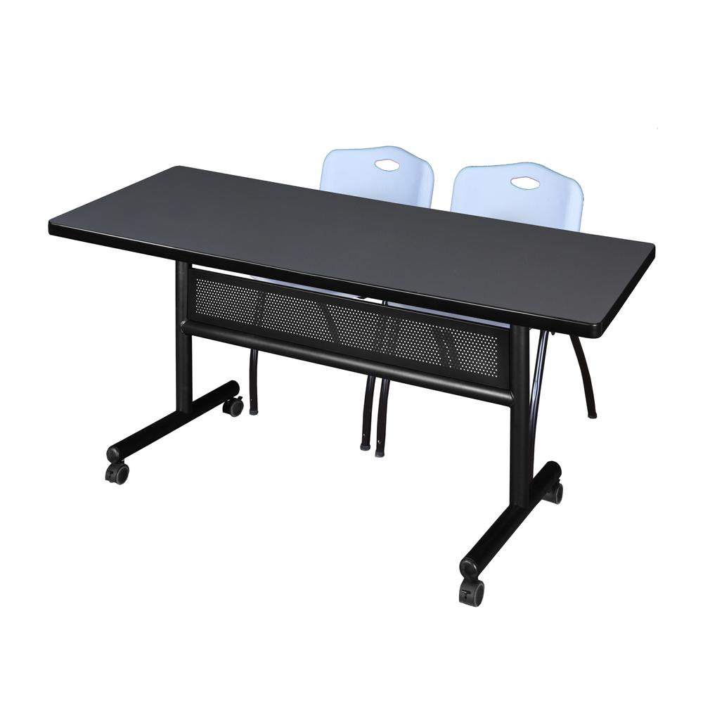 60" x 30" Flip Top Mobile Training Table with Modesty Panel- Grey and 2 "M" Stack Chairs- Grey. Picture 1