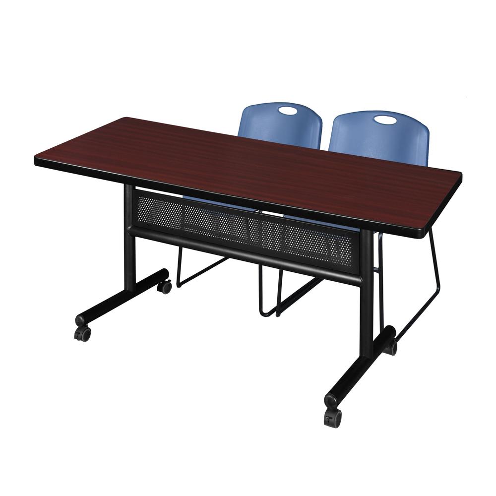 60" x 30" Flip Top Mobile Training Table with Modesty Panel- Mahogany and 2 Zeng Stack Chairs- Blue. Picture 1