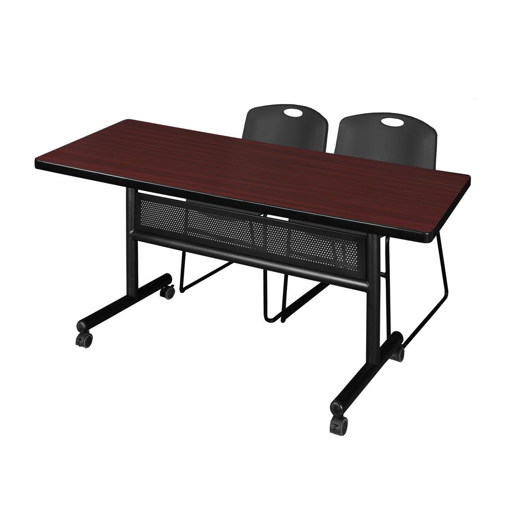 60" x 30" Flip Top Mobile Training Table with Modesty Panel- Mahogany and 2 Zeng Stack Chairs- Black. Picture 1