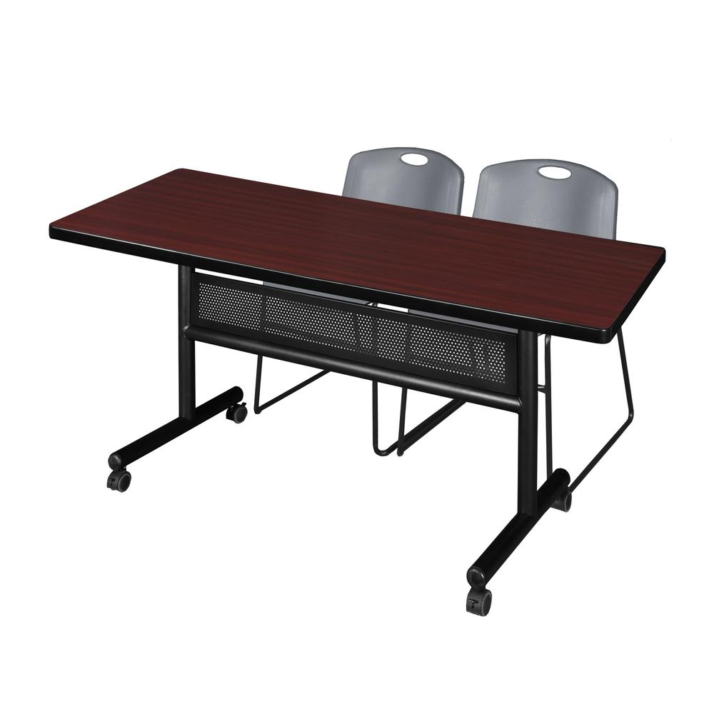 60" x 30" Flip Top Mobile Training Table with Modesty Panel- Mahogany and 2 Zeng Stack Chairs- Grey. Picture 1