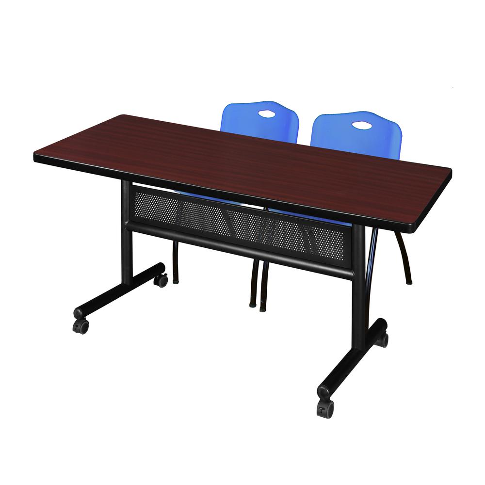 60" x 30" Flip Top Mobile Training Table with Modesty Panel- Mahogany and 2 "M" Stack Chairs- Blue. Picture 1