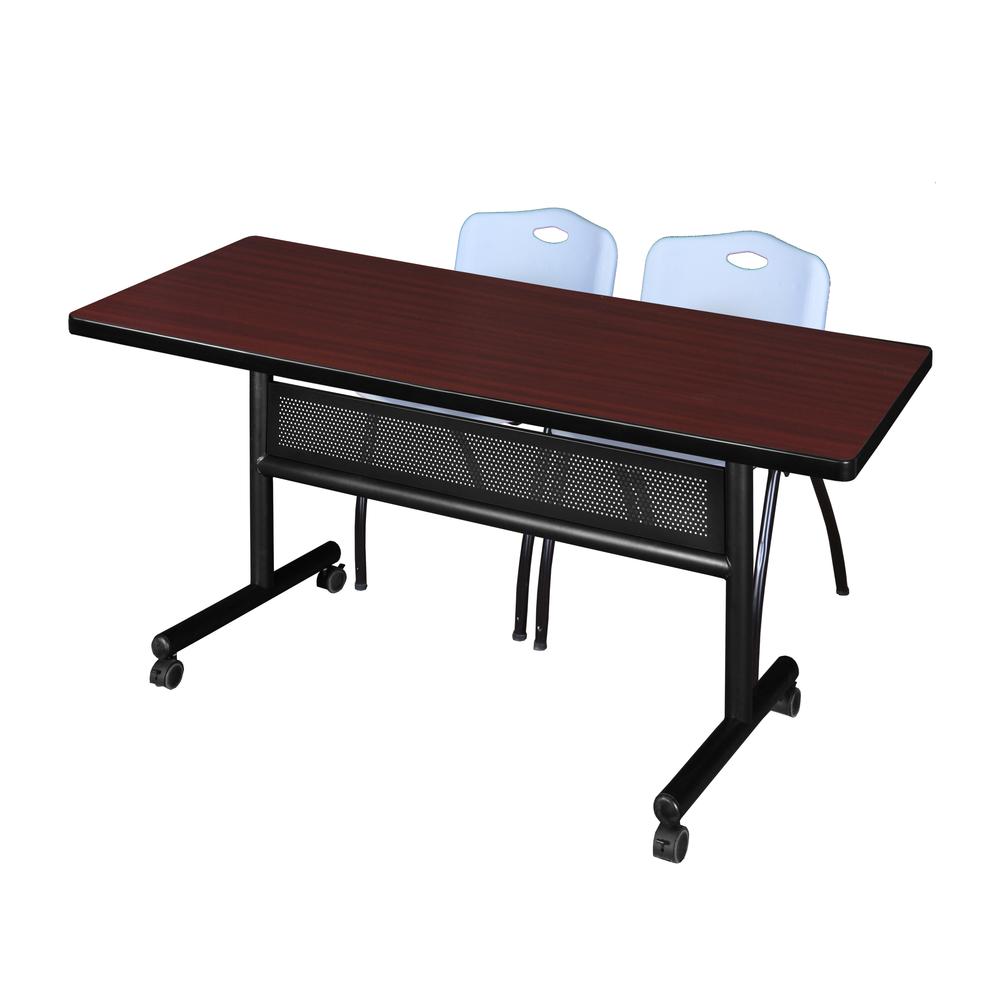 60" x 30" Flip Top Mobile Training Table with Modesty Panel- Mahogany and 2 "M" Stack Chairs- Grey. Picture 1