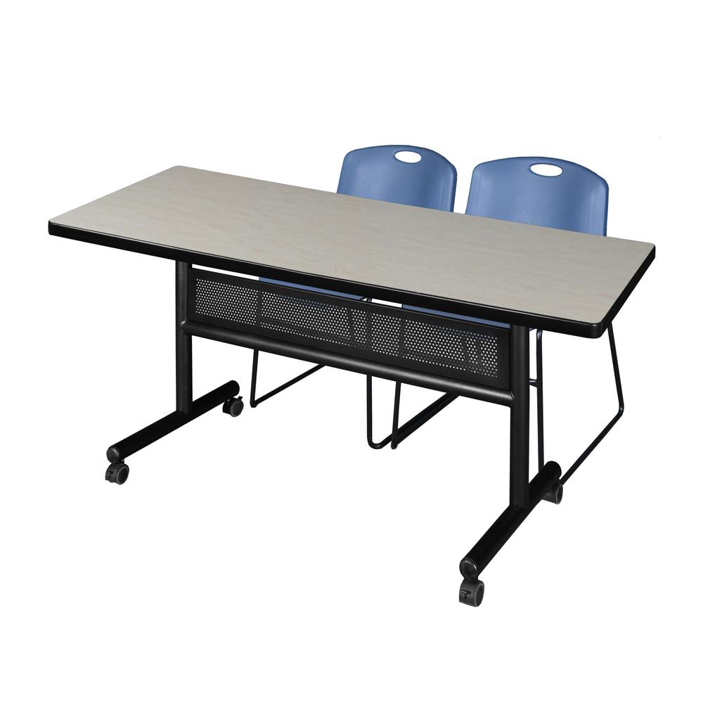 60" x 30" Flip Top Mobile Training Table with Modesty Panel- Maple and 2 Zeng Stack Chairs- Blue. Picture 1