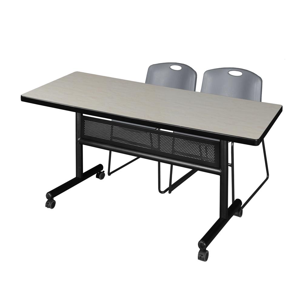 60" x 30" Flip Top Mobile Training Table with Modesty Panel- Maple and 2 Zeng Stack Chairs- Grey. Picture 1
