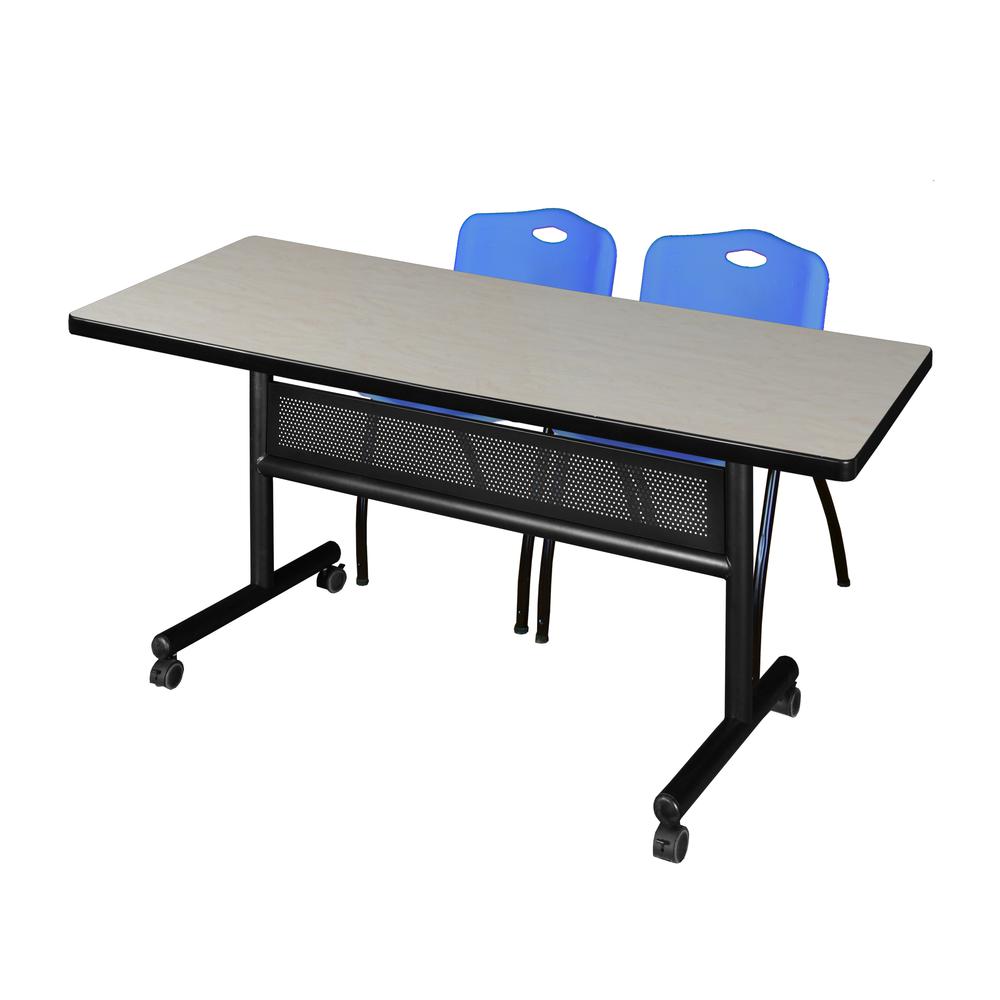 60" x 30" Flip Top Mobile Training Table with Modesty Panel- Maple and 2 "M" Stack Chairs- Blue. Picture 1
