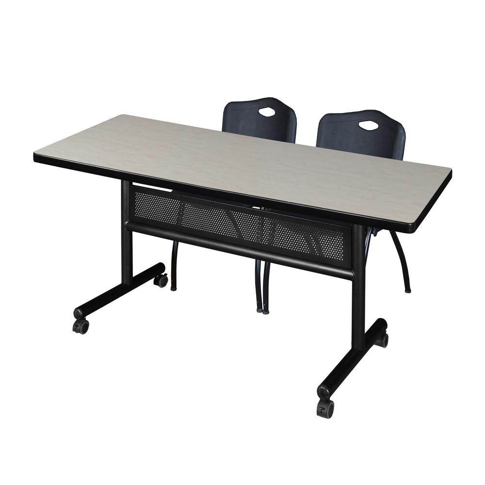 60" x 30" Flip Top Mobile Training Table with Modesty Panel- Maple and 2 "M" Stack Chairs- Black. Picture 1