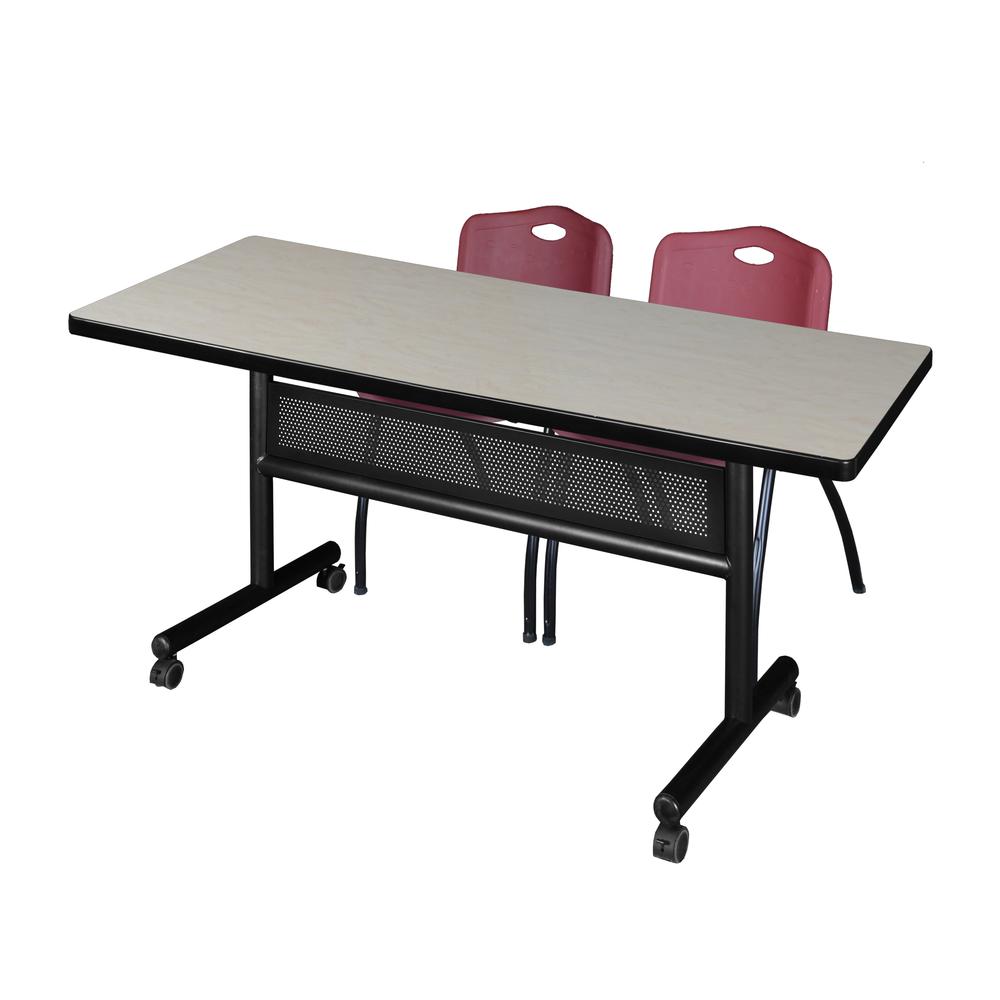 60" x 30" Flip Top Mobile Training Table with Modesty Panel- Maple and 2 "M" Stack Chairs- Burgundy. Picture 1