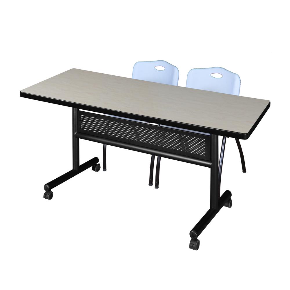 60" x 30" Flip Top Mobile Training Table with Modesty Panel- Maple and 2 "M" Stack Chairs- Grey. Picture 1