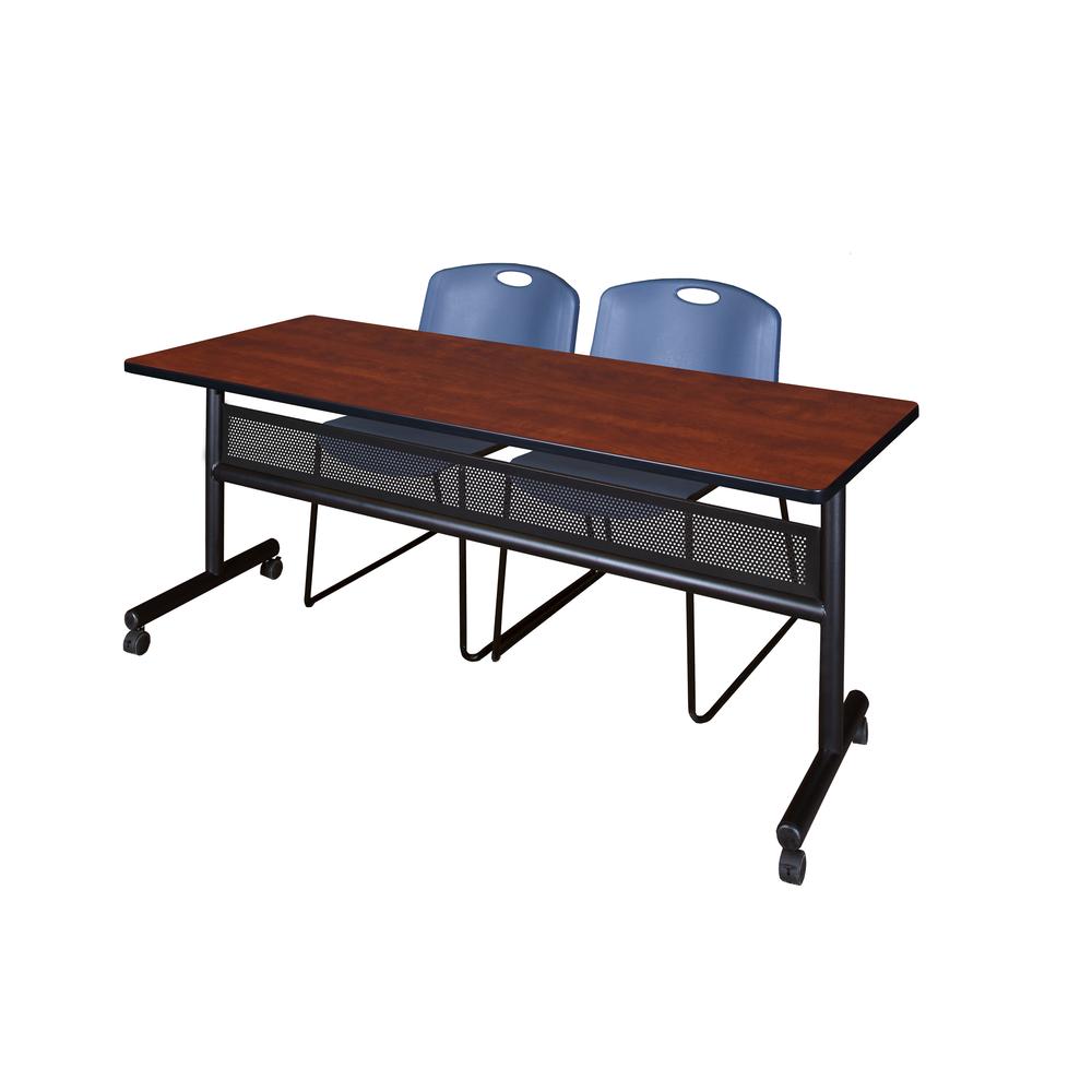 72" x 24" Flip Top Mobile Training Table with Modesty Panel- Cherry and 2 Zeng Stack Chairs- Blue. Picture 1