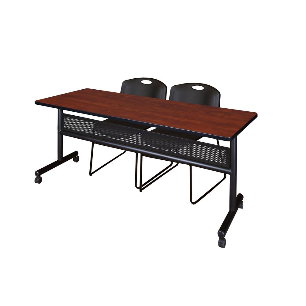 72" x 24" Flip Top Mobile Training Table with Modesty Panel- Cherry and 2 Zeng Stack Chairs- Black. Picture 1