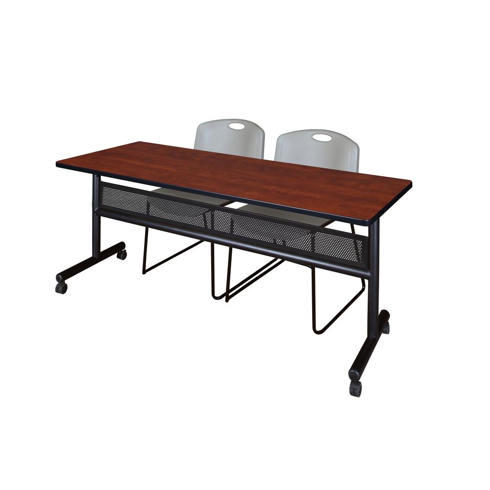 72" x 24" Flip Top Mobile Training Table with Modesty Panel- Cherry and 2 Zeng Stack Chairs- Grey. Picture 1
