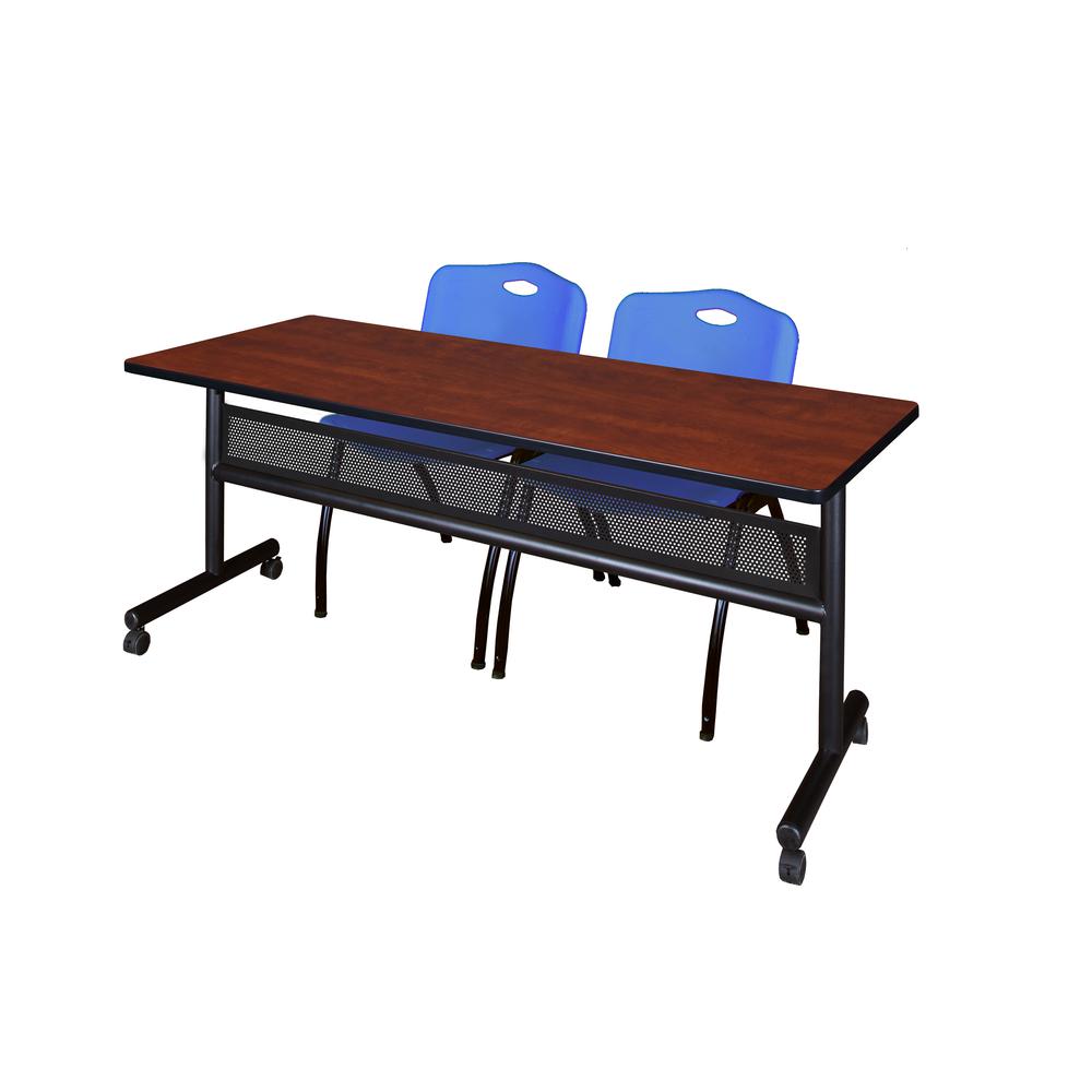 72" x 24" Flip Top Mobile Training Table with Modesty Panel- Cherry and 2 "M" Stack Chairs- Blue. Picture 1
