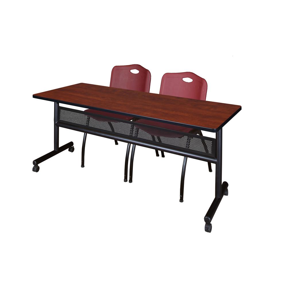 72" x 24" Flip Top Mobile Training Table with Modesty Panel- Cherry and 2 "M" Stack Chairs- Burgundy. Picture 1