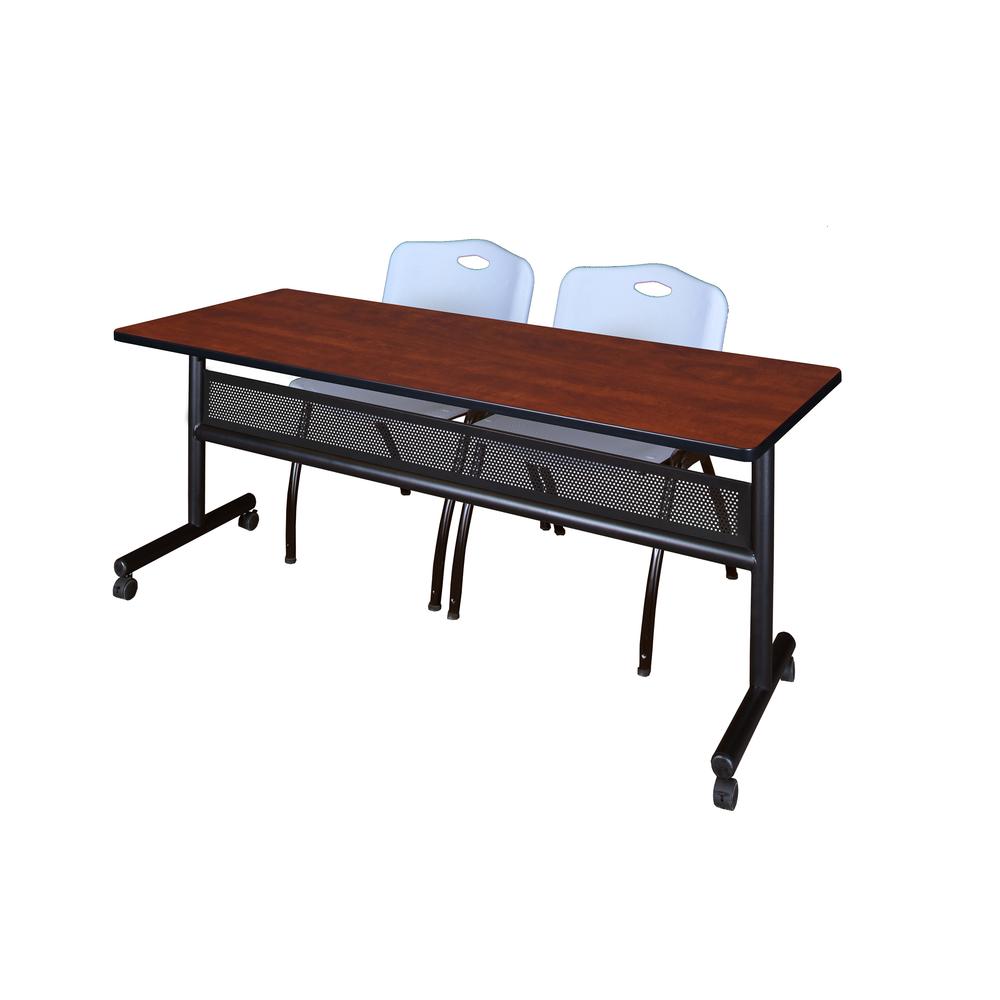 72" x 24" Flip Top Mobile Training Table with Modesty Panel- Cherry and 2 "M" Stack Chairs- Grey. Picture 1