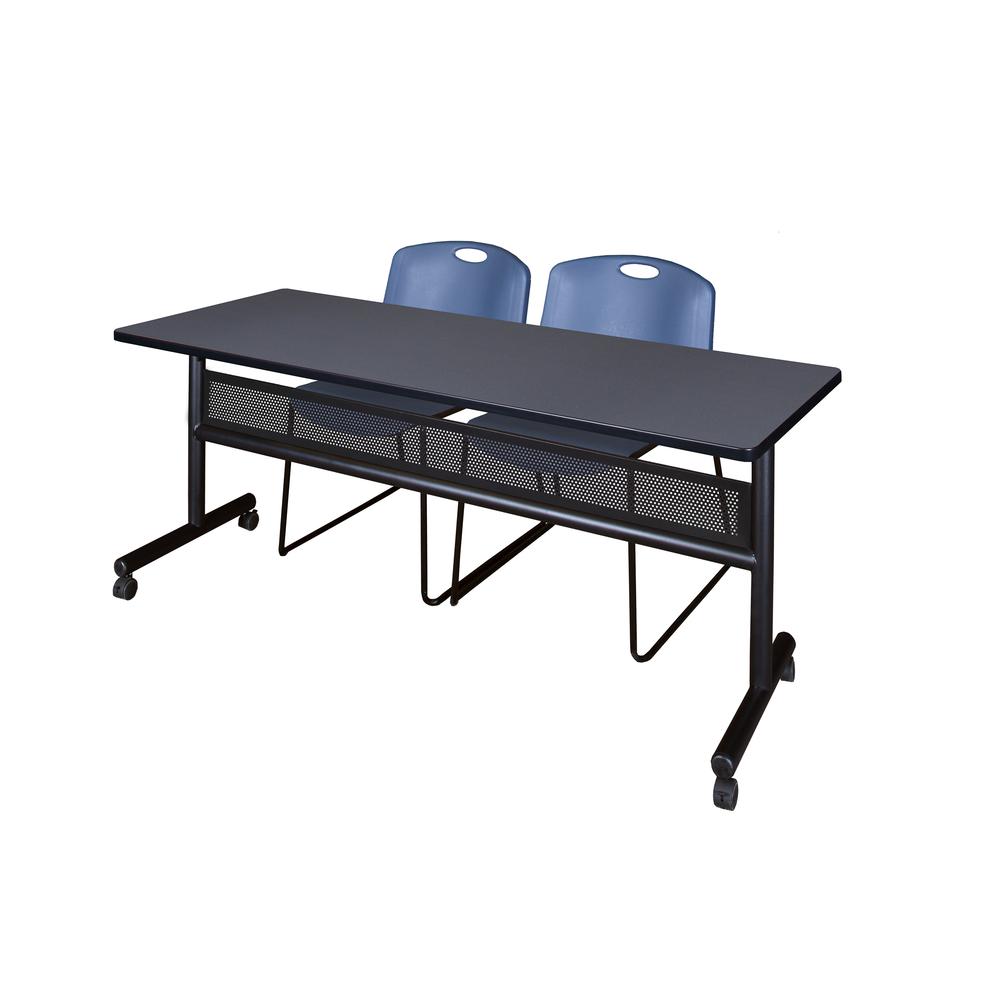 72" x 24" Flip Top Mobile Training Table with Modesty Panel- Grey and 2 Zeng Stack Chairs- Blue. Picture 1