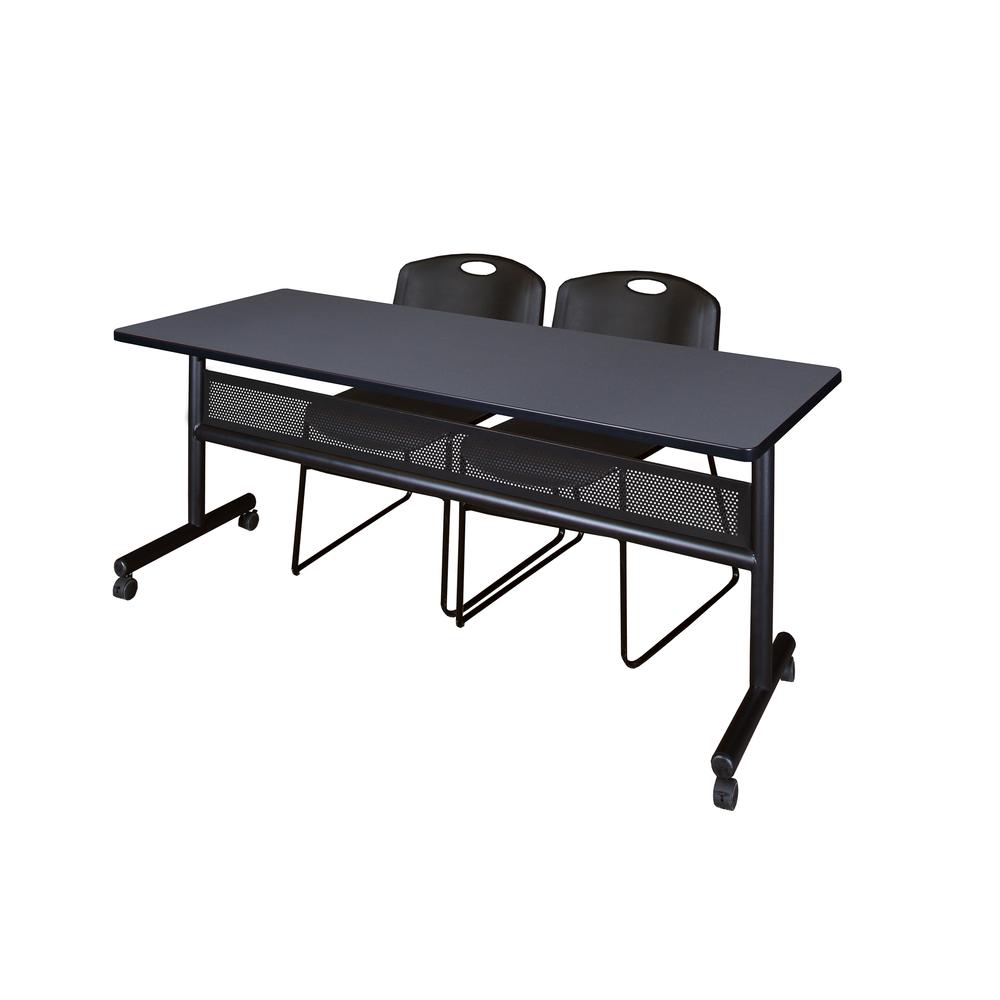 72" x 24" Flip Top Mobile Training Table with Modesty Panel- Grey and 2 Zeng Stack Chairs- Black. Picture 1